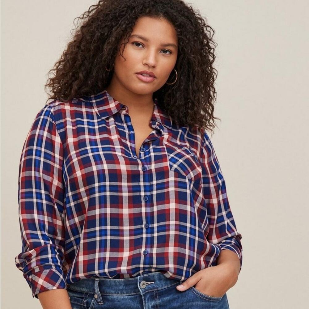 Torrid Lizzie Rayon Twill Button Up Long Sleeve Plaid Shirt size 4
